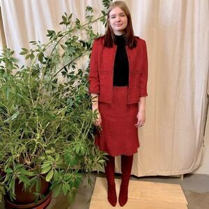 Vintage 90s Kasper Red-Orange Fringed Tweed Blazer & Skirt Suit Set, Size Medium